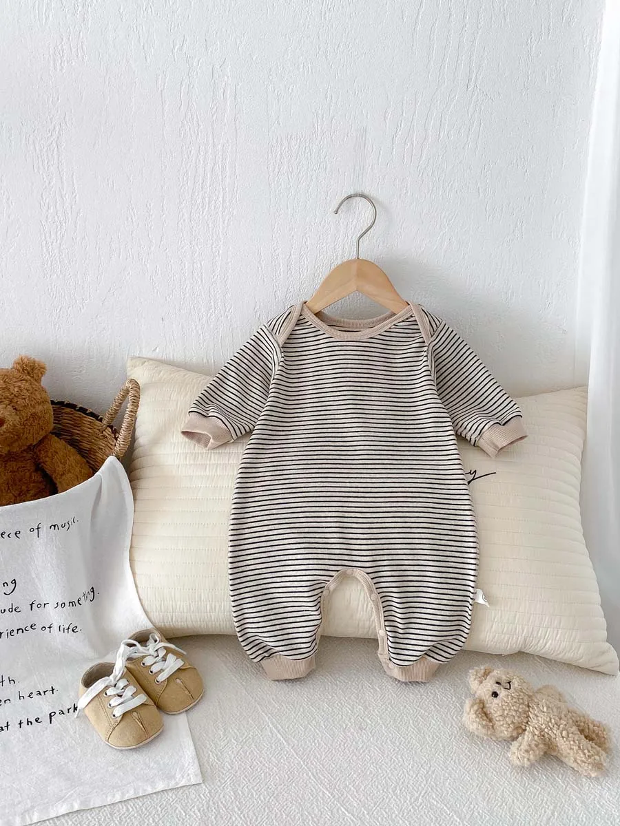 Korean Style Baby Autumn and Winter Long Sleeve Striped Boneless Envelope Collar Jumpsuit for Boys and Girls Baby Comfortable Ho