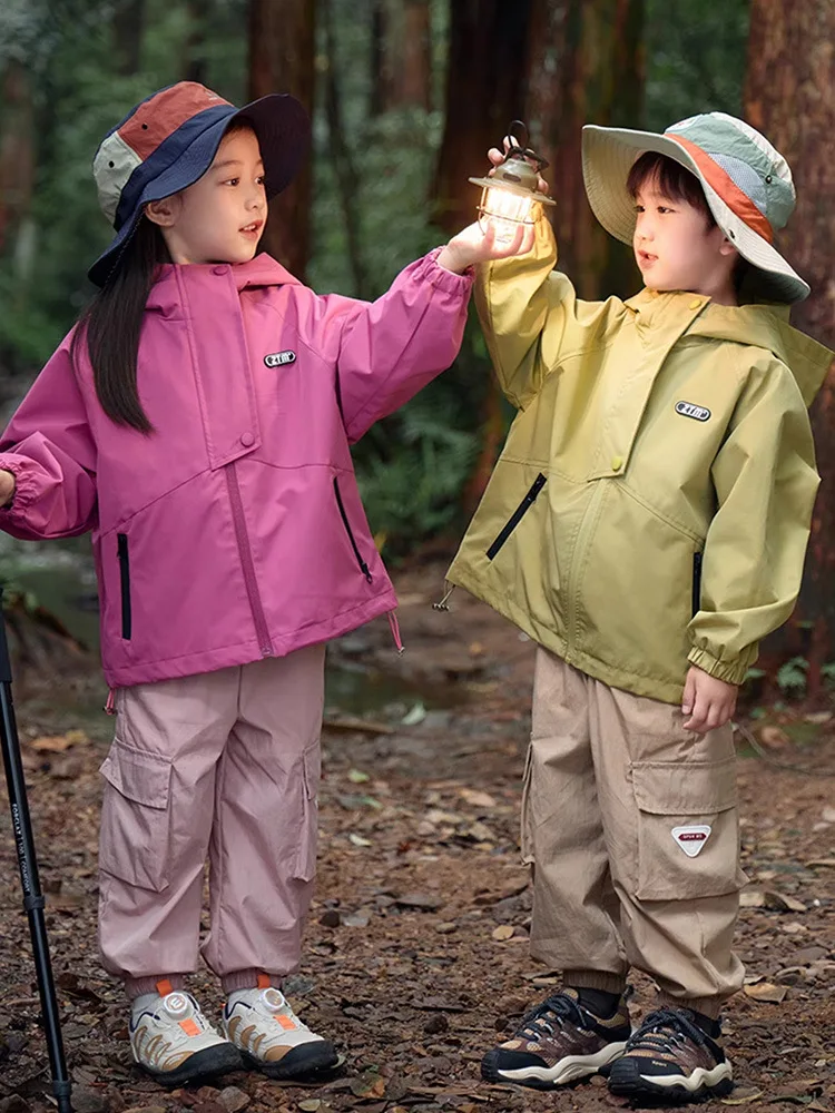 Unisex Hiking Jacket Waterproof Autumn Kid Windbreaker Outdoor Hooded Coats Girls Jacket Boys Fishing Camping Climbing Outerwear