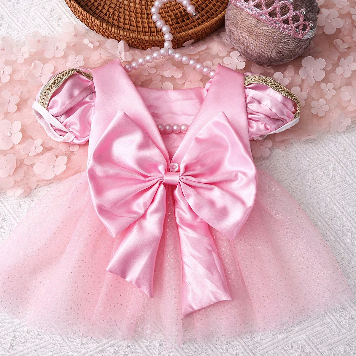 Newborn bowknot Tulle princess dress with bow headband newborn girl photoshoot outfits 1 month 100 days baby photo props