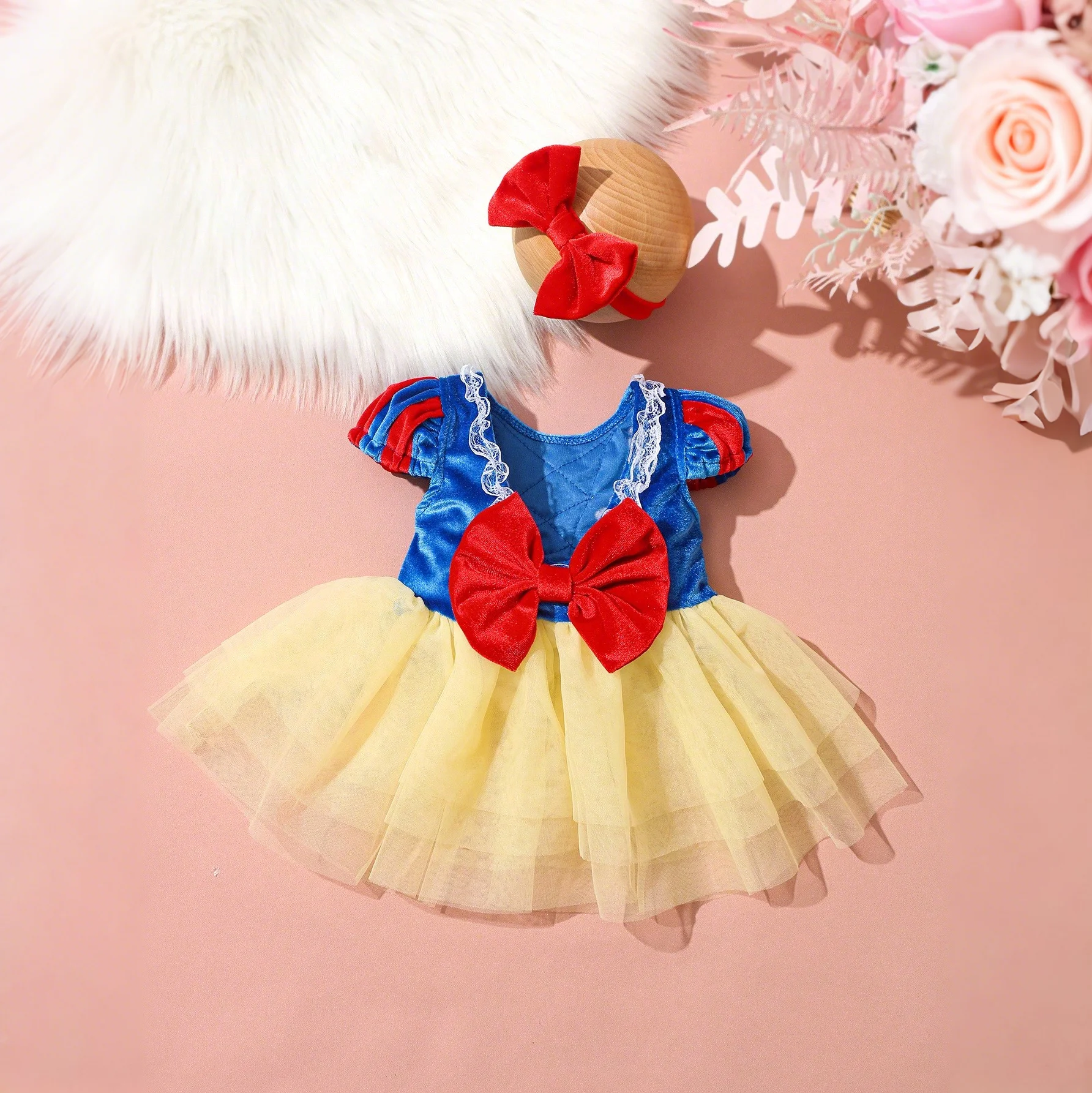 Newborn bowknot Tulle princess dress with bow headband newborn girl photoshoot outfits 1 month 100 days baby photo props