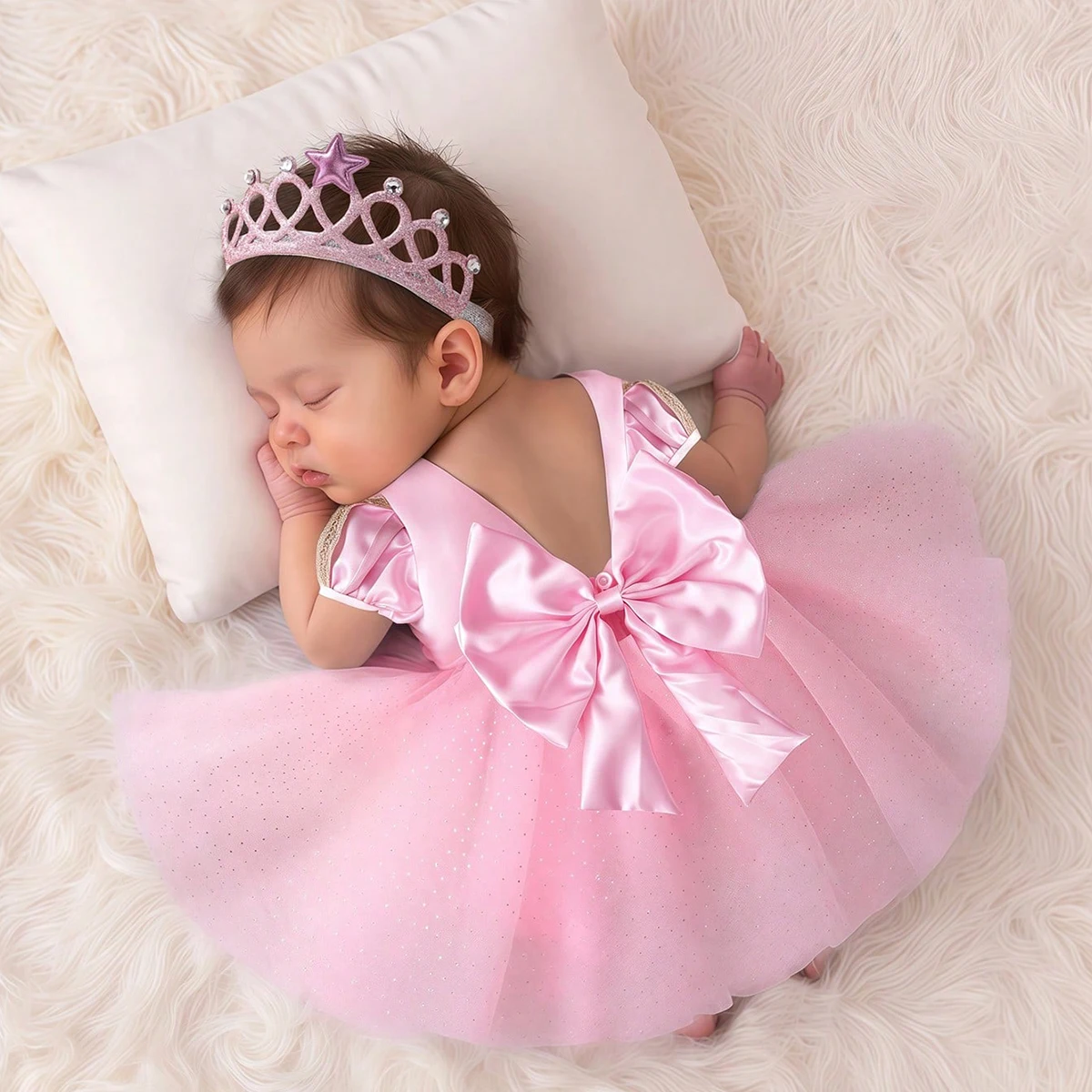 Newborn bowknot Tulle princess dress with bow headband newborn girl photoshoot outfits 1 month 100 days baby photo props