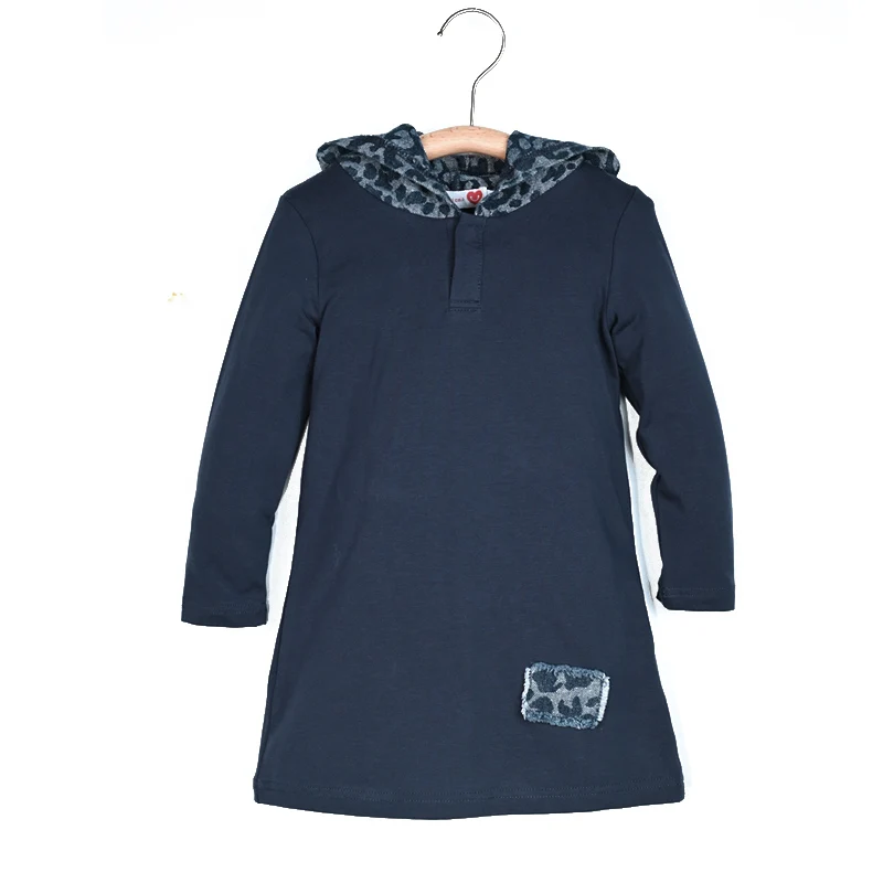 Blue Leopard Denim Children Set Long Sleeve Top Shirt Outfit Denim Washed Cotton/Spandex Dress Leopard Hoodie and Raw Edge Patch