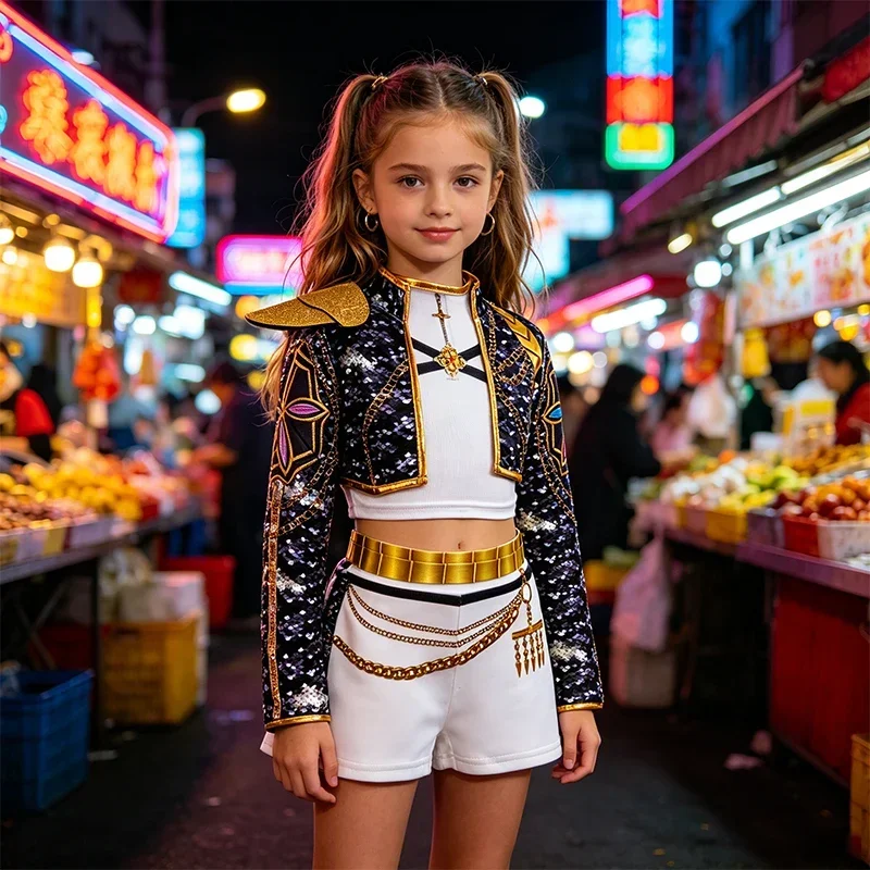 Girls Black‑Gold 3D Printed Jacket Shorts Cosplay Set Kids Outfit for Stage Show Birthday Party Halloween Carnival Dress‑Up