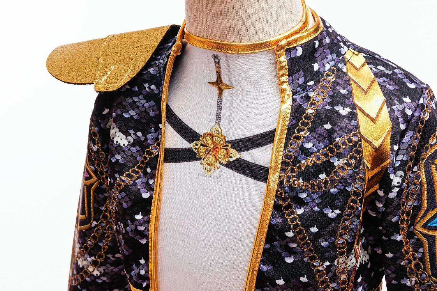 Girls Black‑Gold 3D Printed Jacket Shorts Cosplay Set Kids Outfit for Stage Show Birthday Party Halloween Carnival Dress‑Up
