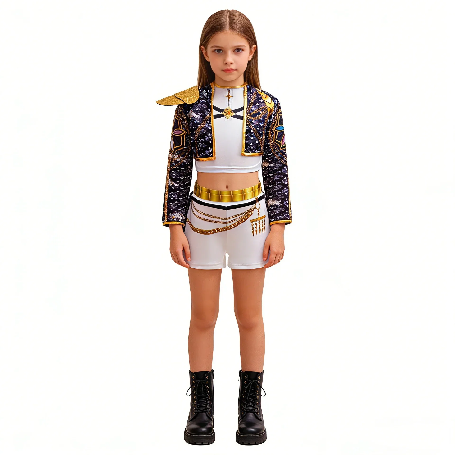 Girls Black‑Gold 3D Printed Jacket Shorts Cosplay Set Kids Outfit for Stage Show Birthday Party Halloween Carnival Dress‑Up