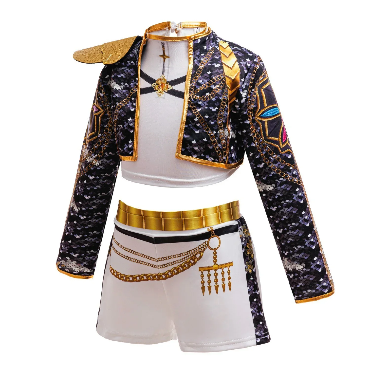 Girls Black‑Gold 3D Printed Jacket Shorts Cosplay Set Kids Outfit for Stage Show Birthday Party Halloween Carnival Dress‑Up