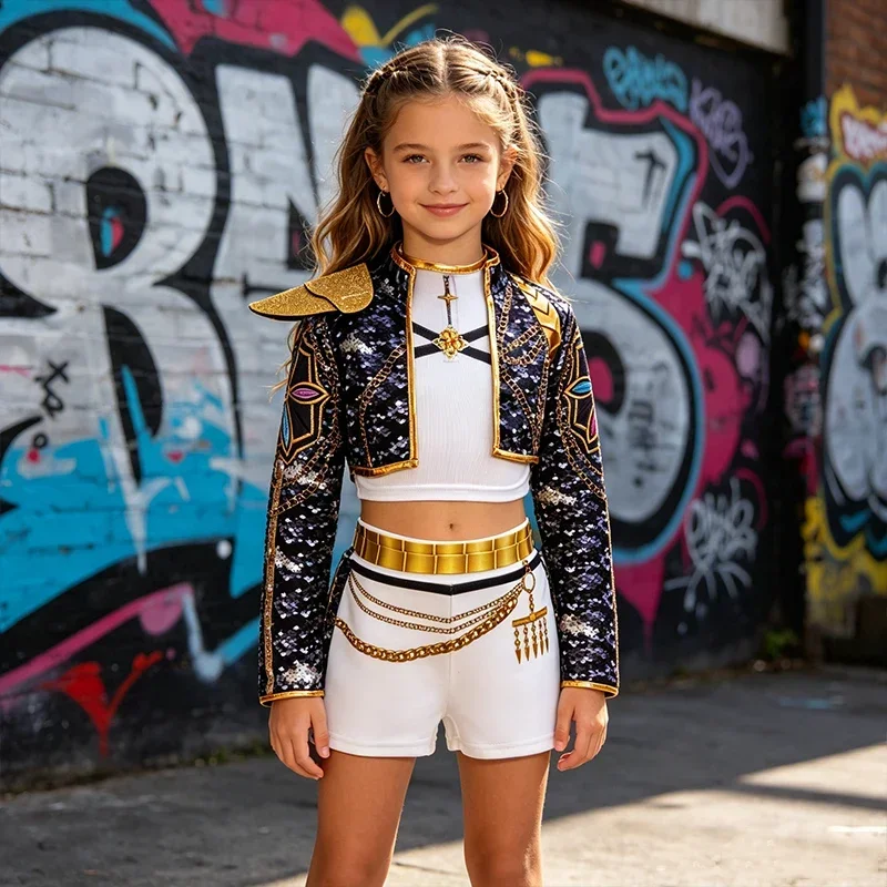 Girls Black‑Gold 3D Printed Jacket Shorts Cosplay Set Kids Outfit for Stage Show Birthday Party Halloween Carnival Dress‑Up