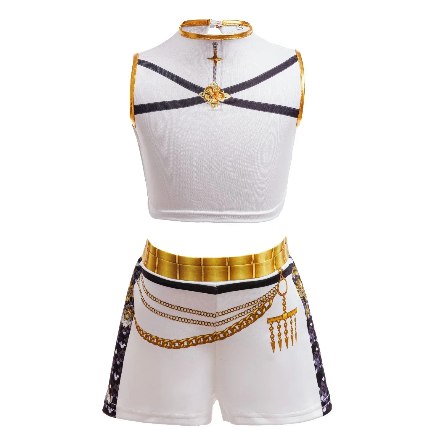 Girls Black‑Gold 3D Printed Jacket Shorts Cosplay Set Kids Outfit for Stage Show Birthday Party Halloween Carnival Dress‑Up