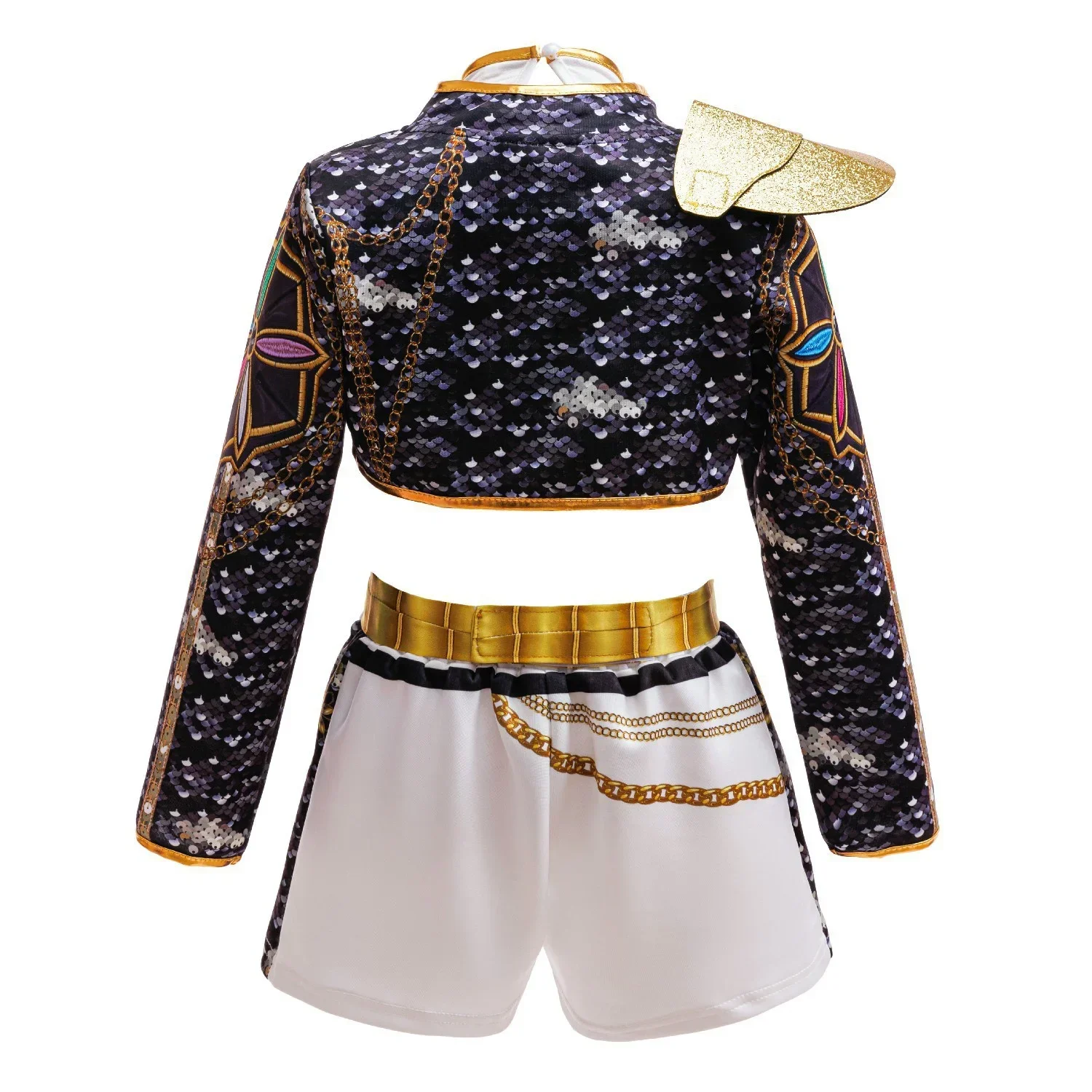 Girls Black‑Gold 3D Printed Jacket Shorts Cosplay Set Kids Outfit for Stage Show Birthday Party Halloween Carnival Dress‑Up