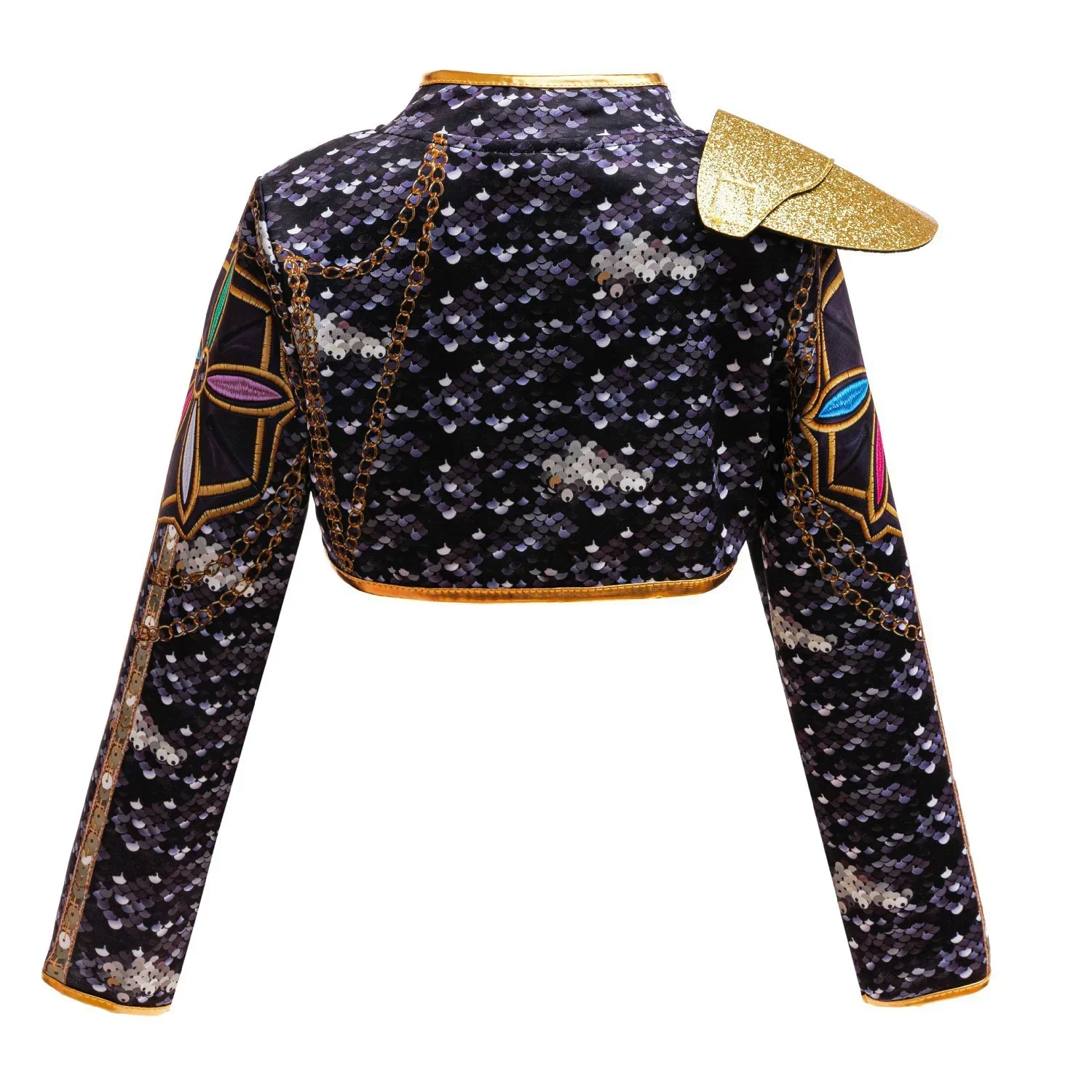 Girls Black‑Gold 3D Printed Jacket Shorts Cosplay Set Kids Outfit for Stage Show Birthday Party Halloween Carnival Dress‑Up