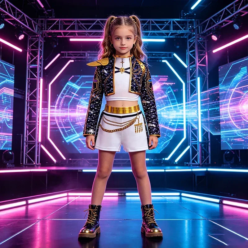 Girls Black‑Gold 3D Printed Jacket Shorts Cosplay Set Kids Outfit for Stage Show Birthday Party Halloween Carnival Dress‑Up