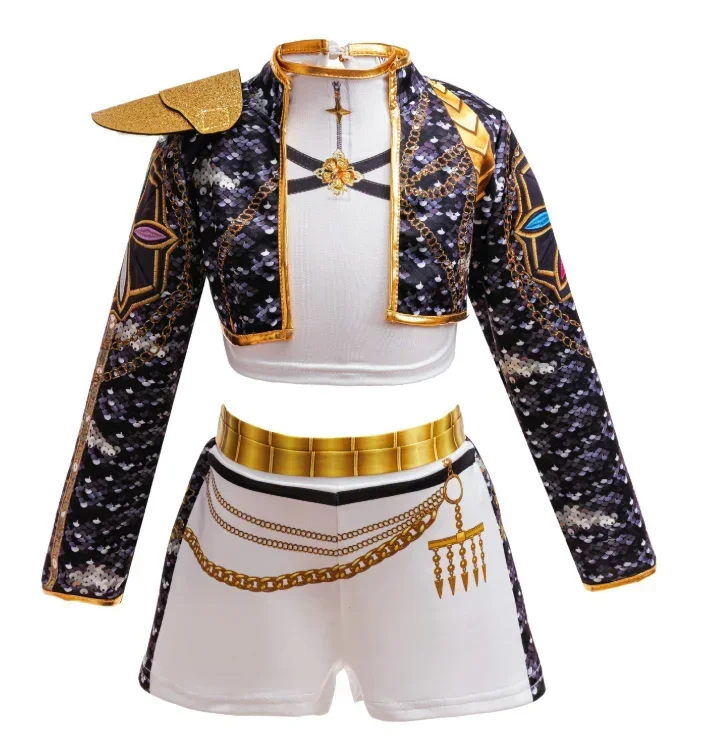 Girls Black‑Gold 3D Printed Jacket Shorts Cosplay Set Kids Outfit for Stage Show Birthday Party Halloween Carnival Dress‑Up