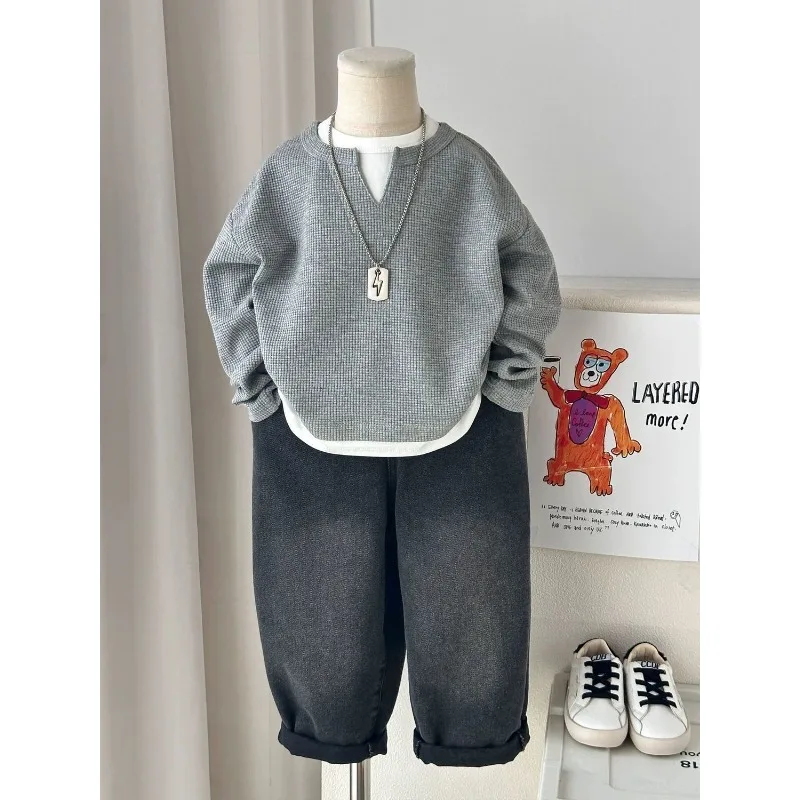 Children Boys Sweatshirt RAISE YOUNG Autumn 2026 Infant Babys Boys Pullovers Casual 1-10Yrs Kids Boys Waffle Fake Two Piece Tops