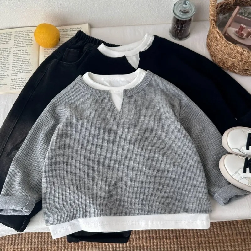 Children Boys Sweatshirt RAISE YOUNG Autumn 2026 Infant Babys Boys Pullovers Casual 1-10Yrs Kids Boys Waffle Fake Two Piece Tops