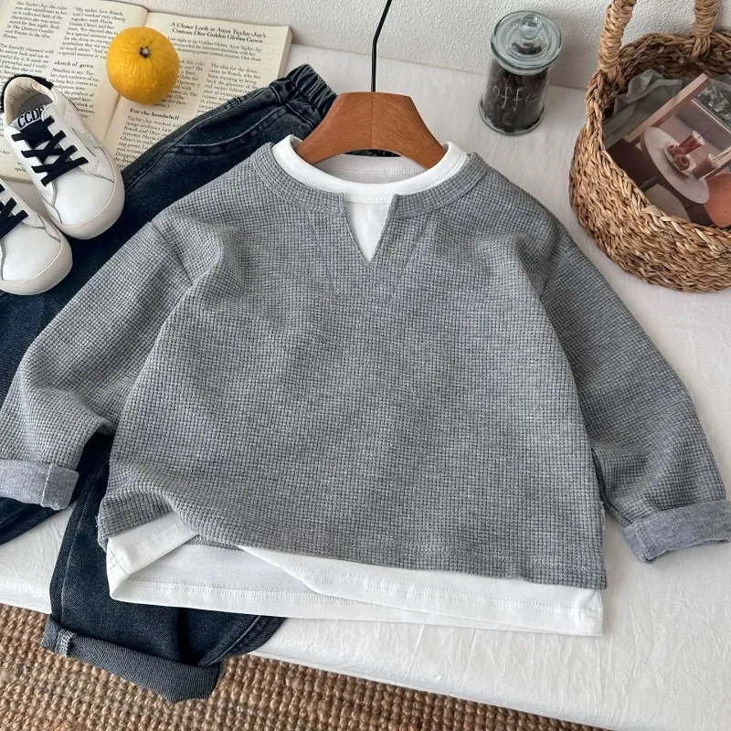 Children Boys Sweatshirt RAISE YOUNG Autumn 2026 Infant Babys Boys Pullovers Casual 1-10Yrs Kids Boys Waffle Fake Two Piece Tops