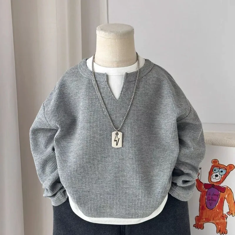 Children Boys Sweatshirt RAISE YOUNG Autumn 2026 Infant Babys Boys Pullovers Casual 1-10Yrs Kids Boys Waffle Fake Two Piece Tops