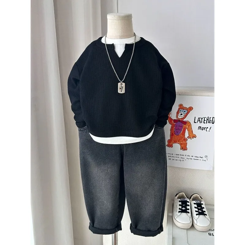 Children Boys Sweatshirt RAISE YOUNG Autumn 2026 Infant Babys Boys Pullovers Casual 1-10Yrs Kids Boys Waffle Fake Two Piece Tops