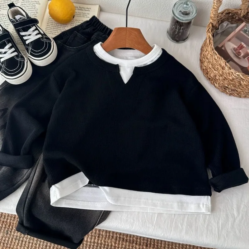 Children Boys Sweatshirt RAISE YOUNG Autumn 2026 Infant Babys Boys Pullovers Casual 1-10Yrs Kids Boys Waffle Fake Two Piece Tops