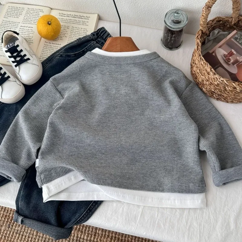Children Boys Sweatshirt RAISE YOUNG Autumn 2026 Infant Babys Boys Pullovers Casual 1-10Yrs Kids Boys Waffle Fake Two Piece Tops