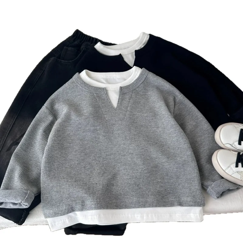 Children Boys Sweatshirt RAISE YOUNG Autumn 2026 Infant Babys Boys Pullovers Casual 1-10Yrs Kids Boys Waffle Fake Two Piece Tops