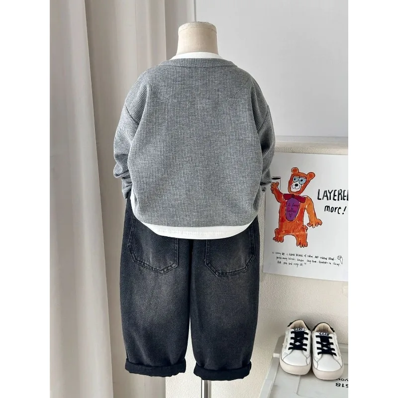 Children Boys Sweatshirt RAISE YOUNG Autumn 2026 Infant Babys Boys Pullovers Casual 1-10Yrs Kids Boys Waffle Fake Two Piece Tops