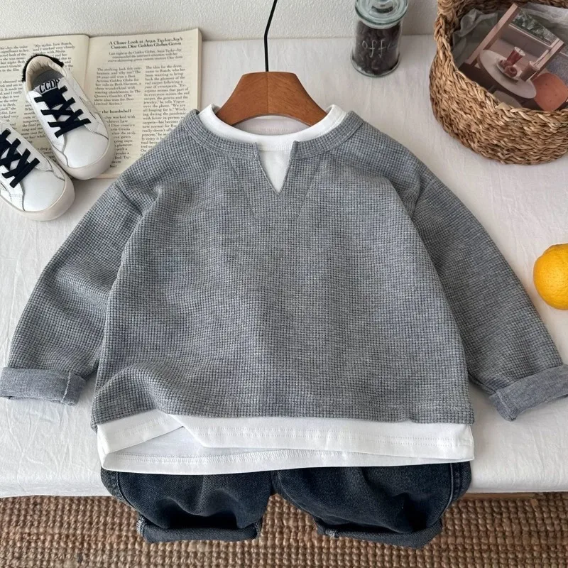 Children Boys Sweatshirt RAISE YOUNG Autumn 2026 Infant Babys Boys Pullovers Casual 1-10Yrs Kids Boys Waffle Fake Two Piece Tops