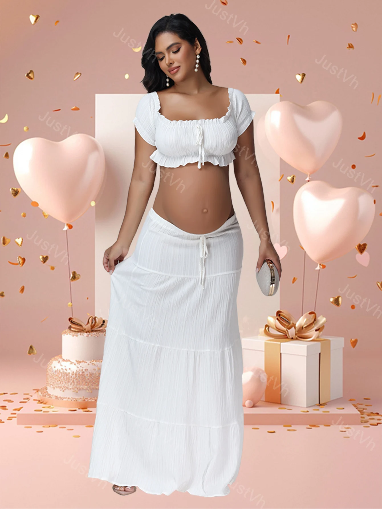 Maternity Photography Dress Sets 2Pc Sexy Ruffles Short Sleeves Tube Top T-shirt and Skirt Outfit for Photoshoot Baby Shower