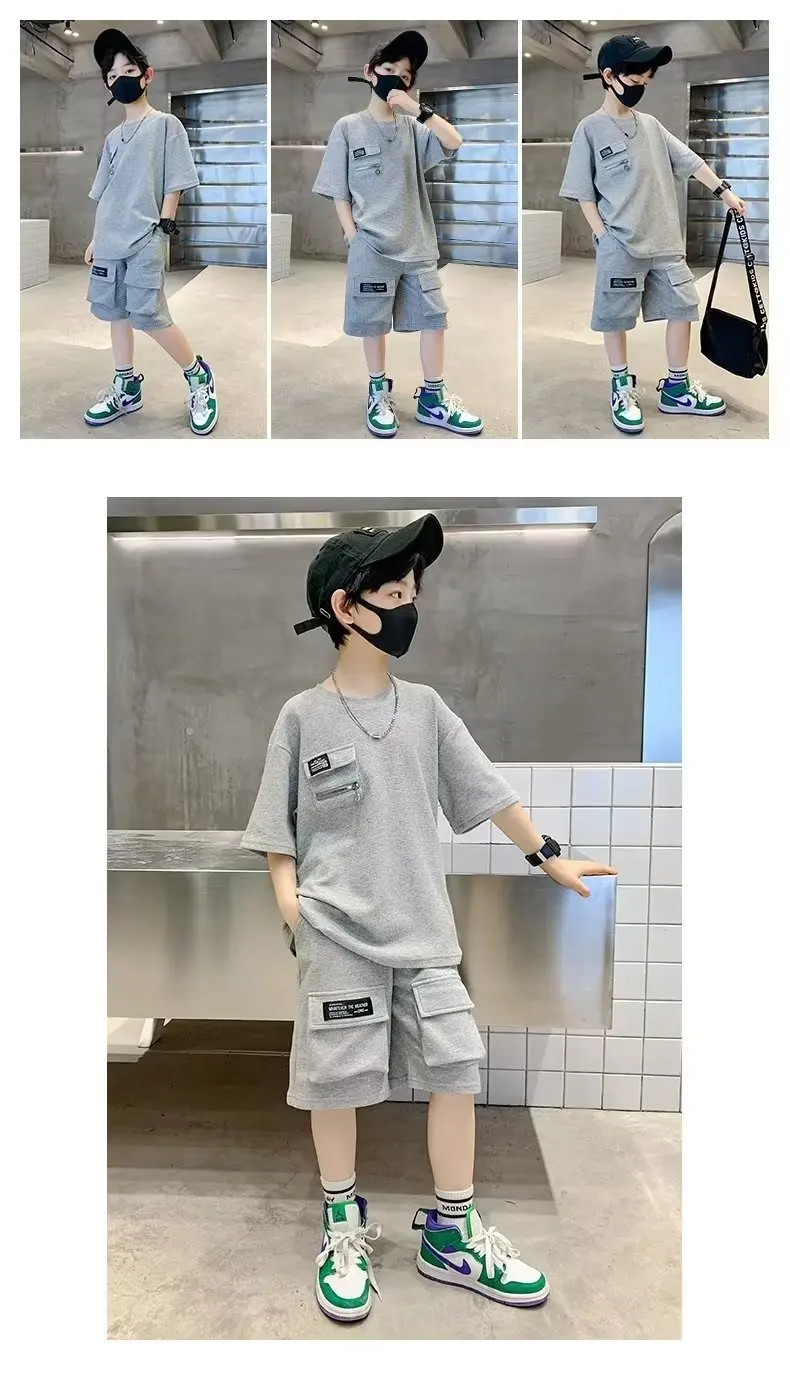 Summer Kids Boys T-Shirt+Shorts 2-Piece Set Letter Printing Children Teen Loose Comfortable Sports Casual Clothes 4-14 Years Old