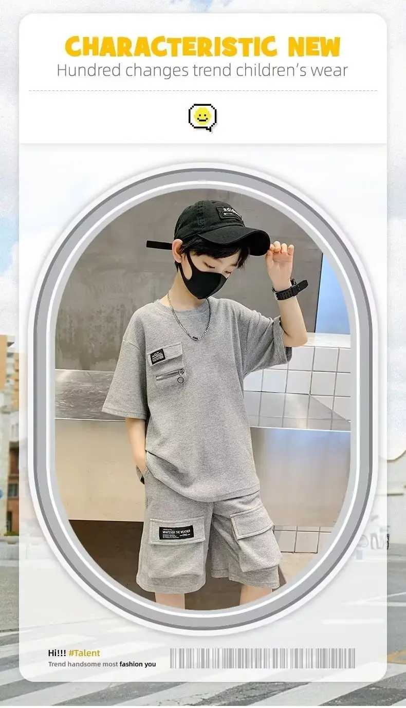 Summer Kids Boys T-Shirt+Shorts 2-Piece Set Letter Printing Children Teen Loose Comfortable Sports Casual Clothes 4-14 Years Old