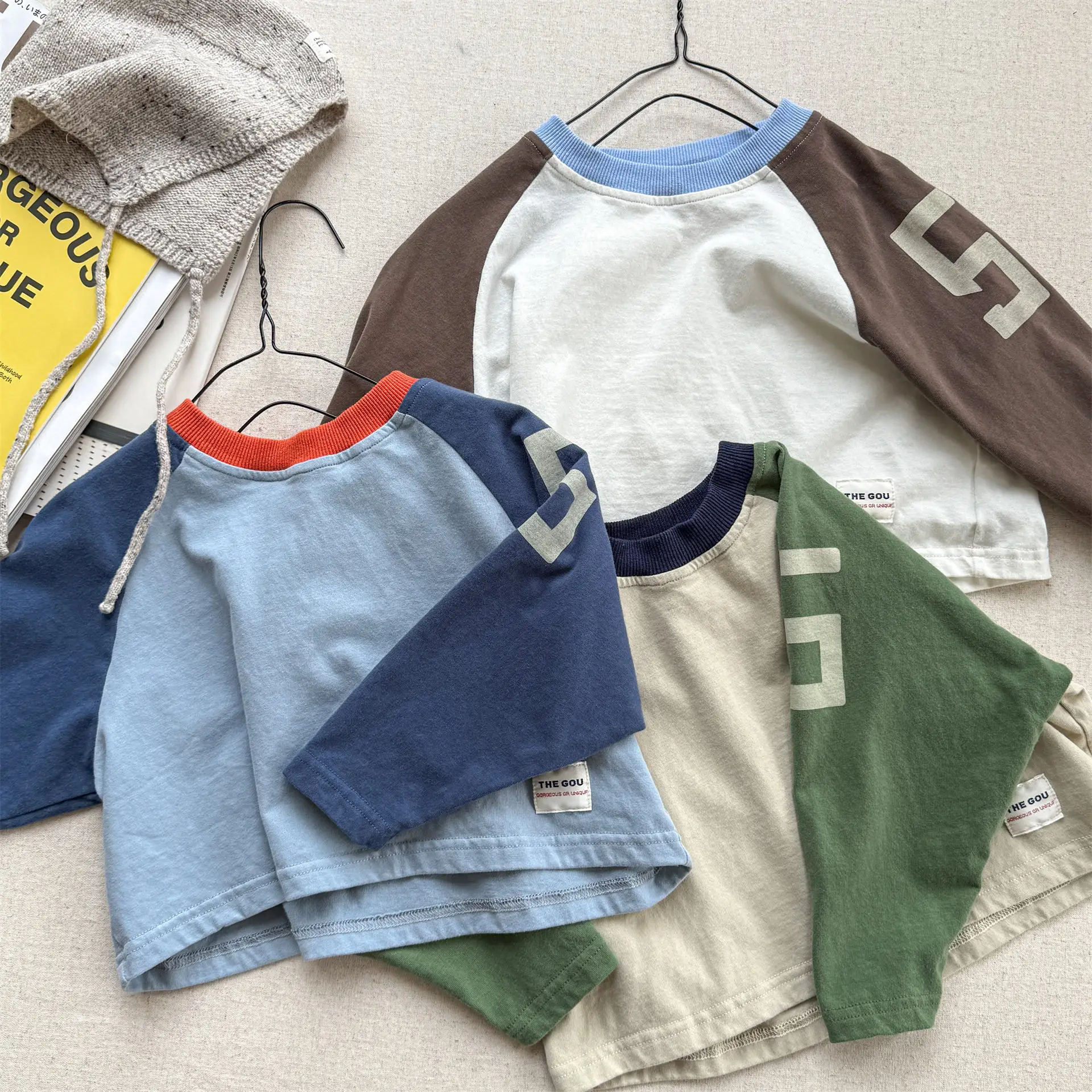 Autumn Kids Cotton Letter Print Base T-Shirts Korean Style Color Block Long Sleeves Loose Kids Top for 1-6Y Boys and Girls