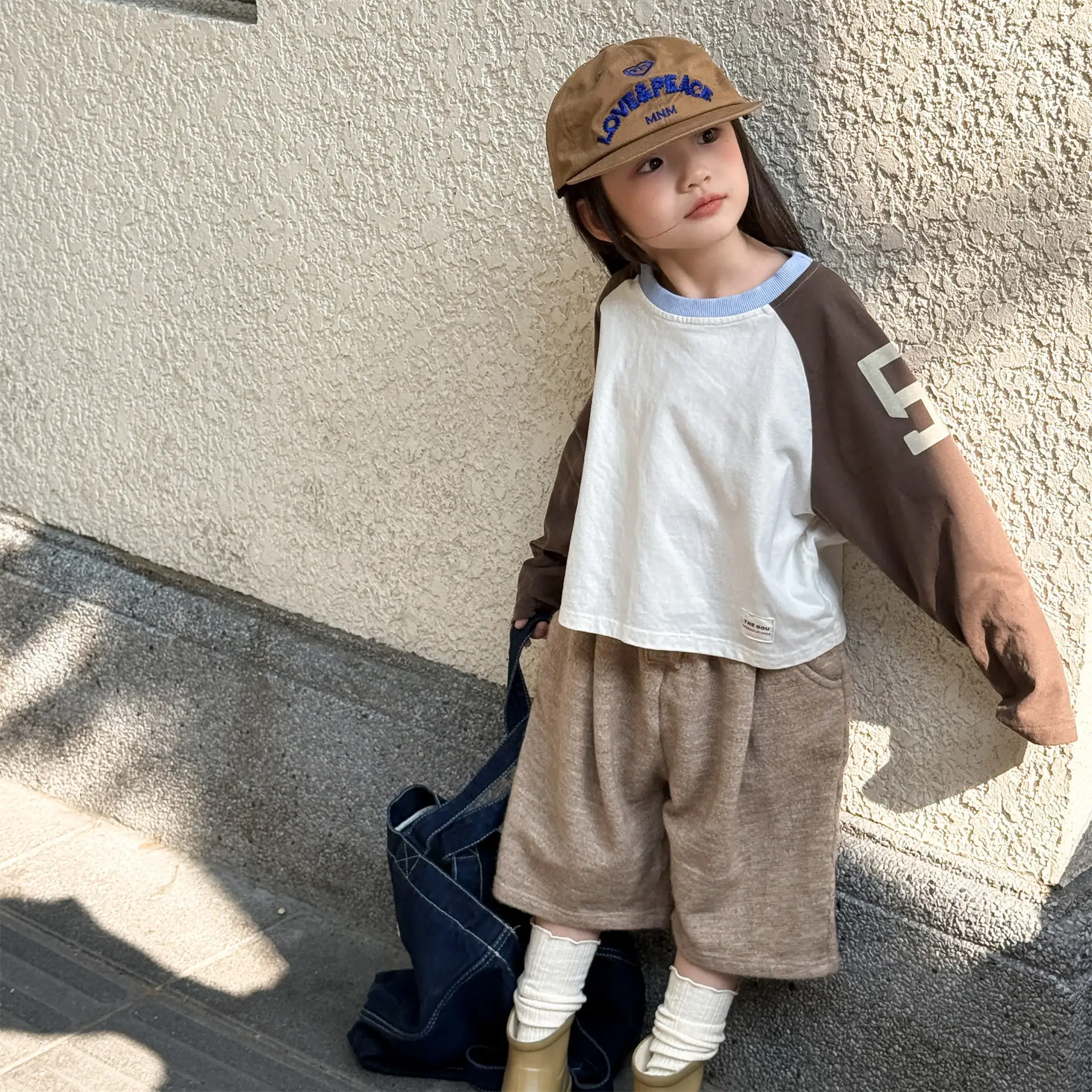 Autumn Kids Cotton Letter Print Base T-Shirts Korean Style Color Block Long Sleeves Loose Kids Top for 1-6Y Boys and Girls