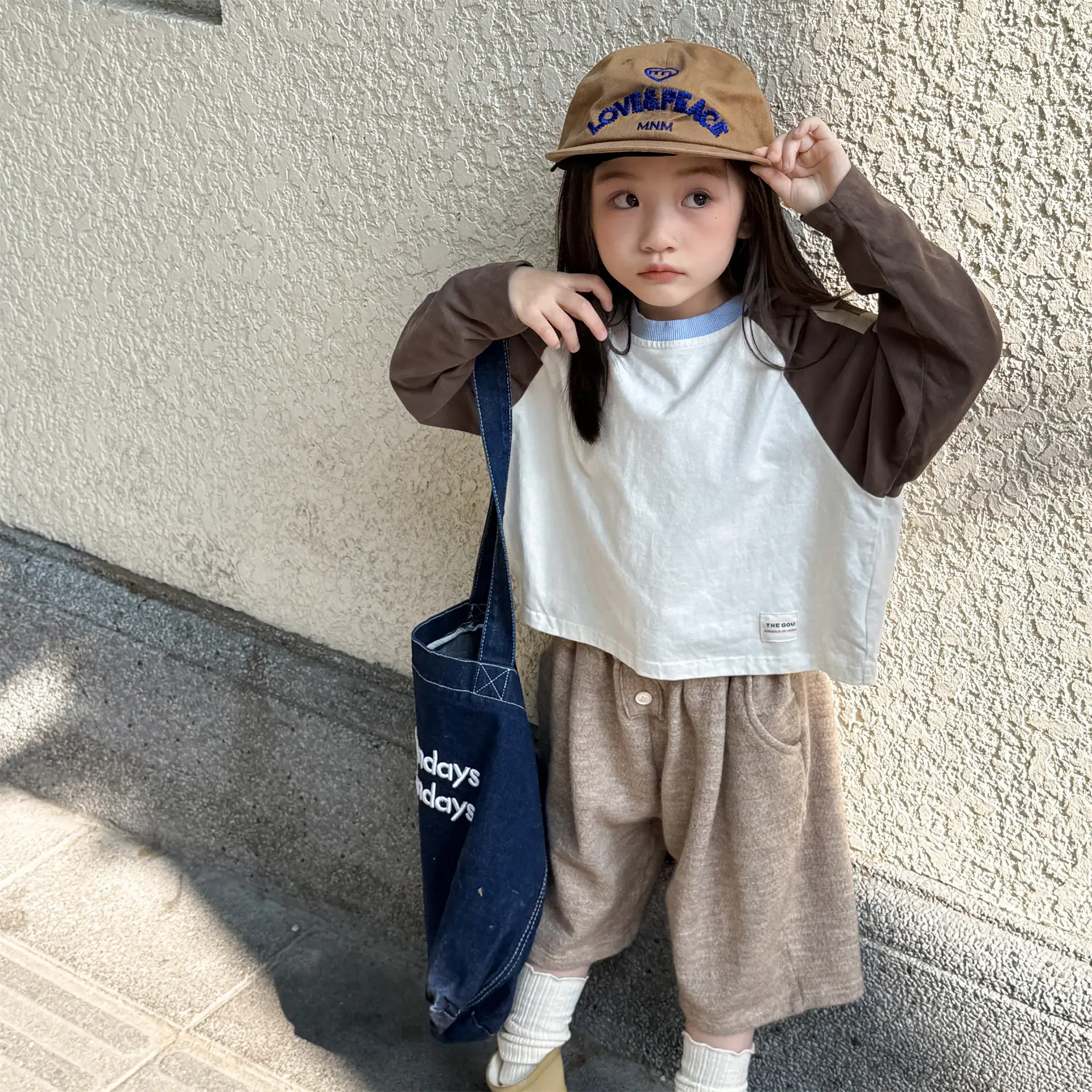 Autumn Kids Cotton Letter Print Base T-Shirts Korean Style Color Block Long Sleeves Loose Kids Top for 1-6Y Boys and Girls