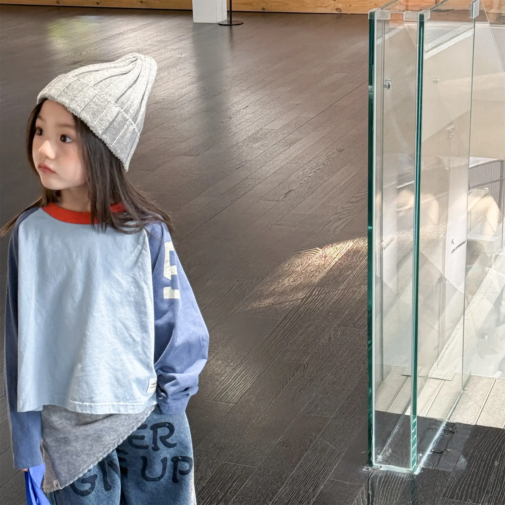 Autumn Kids Cotton Letter Print Base T-Shirts Korean Style Color Block Long Sleeves Loose Kids Top for 1-6Y Boys and Girls