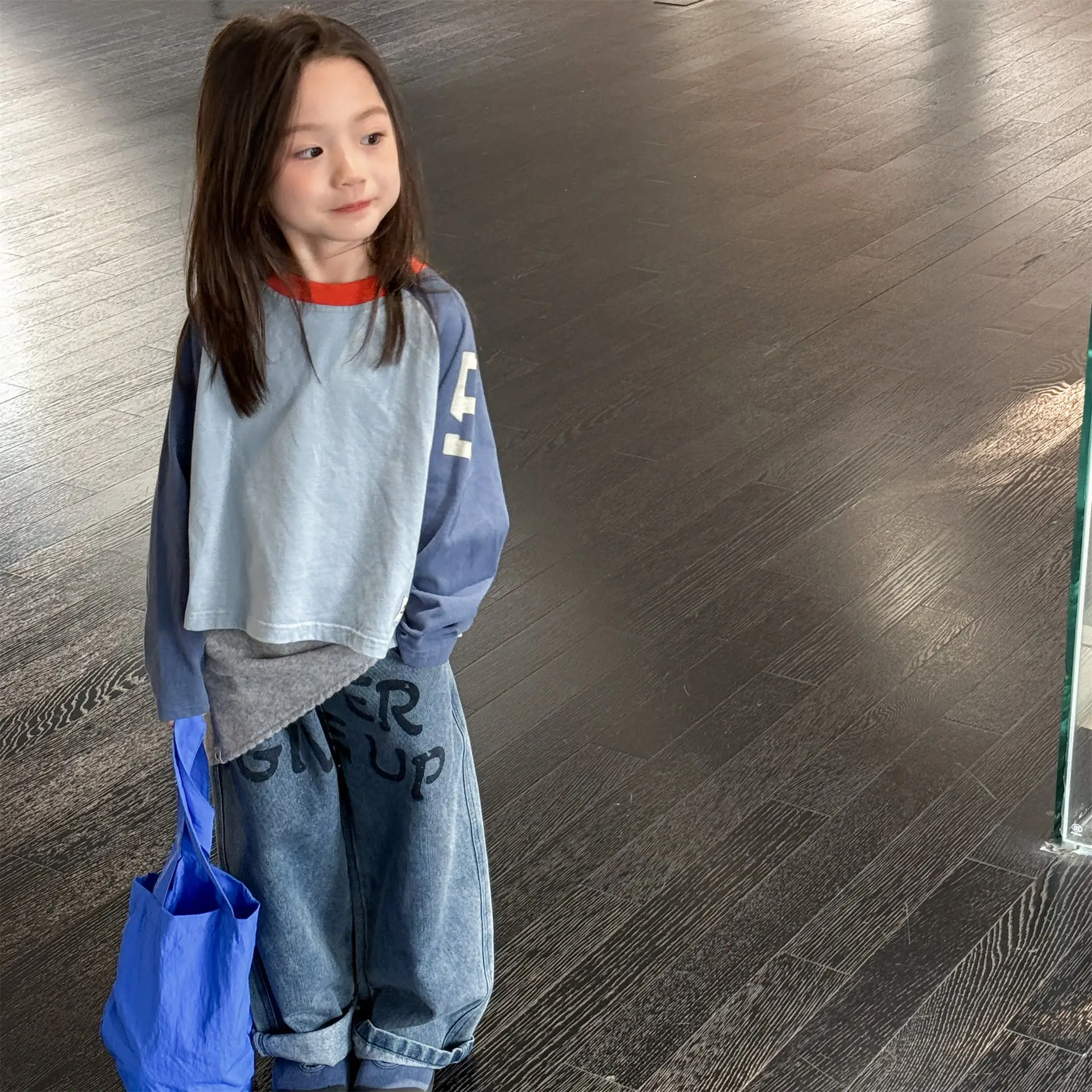 Autumn Kids Cotton Letter Print Base T-Shirts Korean Style Color Block Long Sleeves Loose Kids Top for 1-6Y Boys and Girls