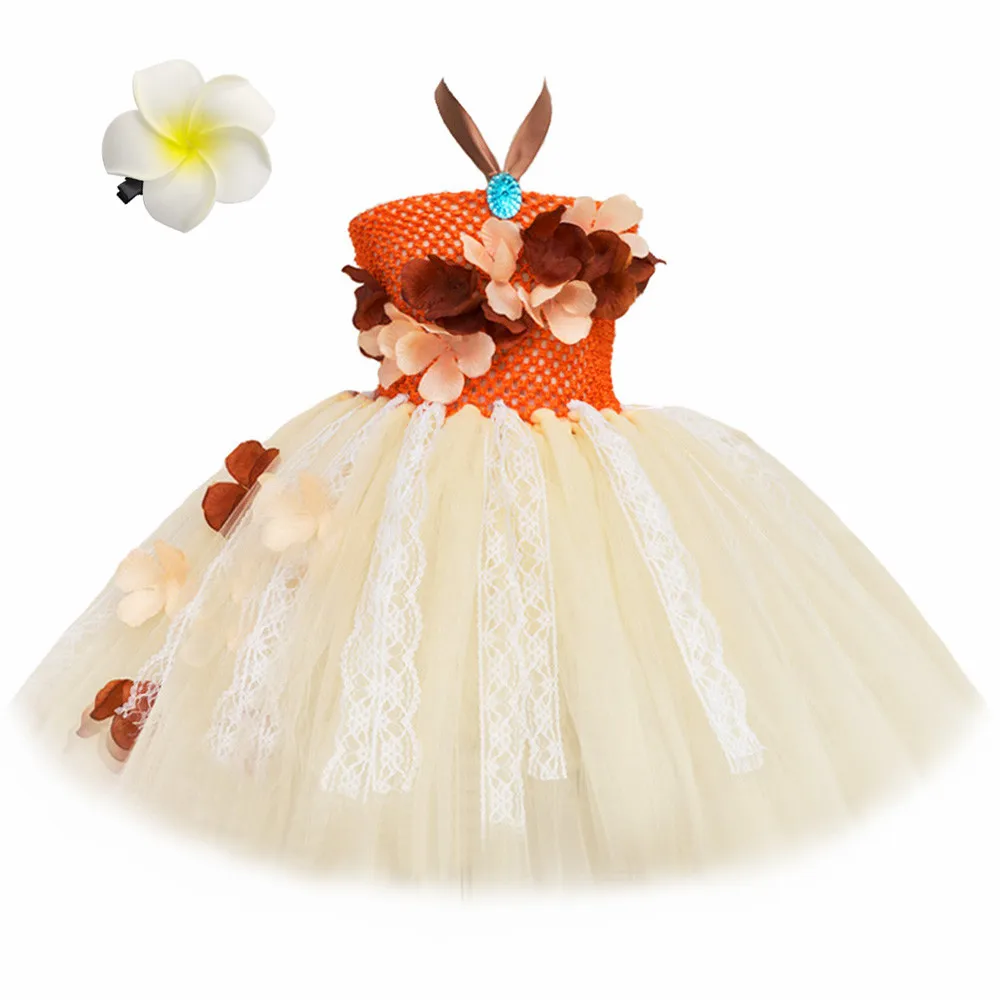 HJTT Princess Dress Costume for Girls Flowers Tutu Dress Kids Hawaiian Tribal Beach Themed Halloween Birthday Party Tulle Dress