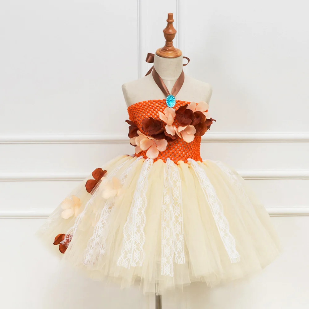 HJTT Princess Dress Costume for Girls Flowers Tutu Dress Kids Hawaiian Tribal Beach Themed Halloween Birthday Party Tulle Dress