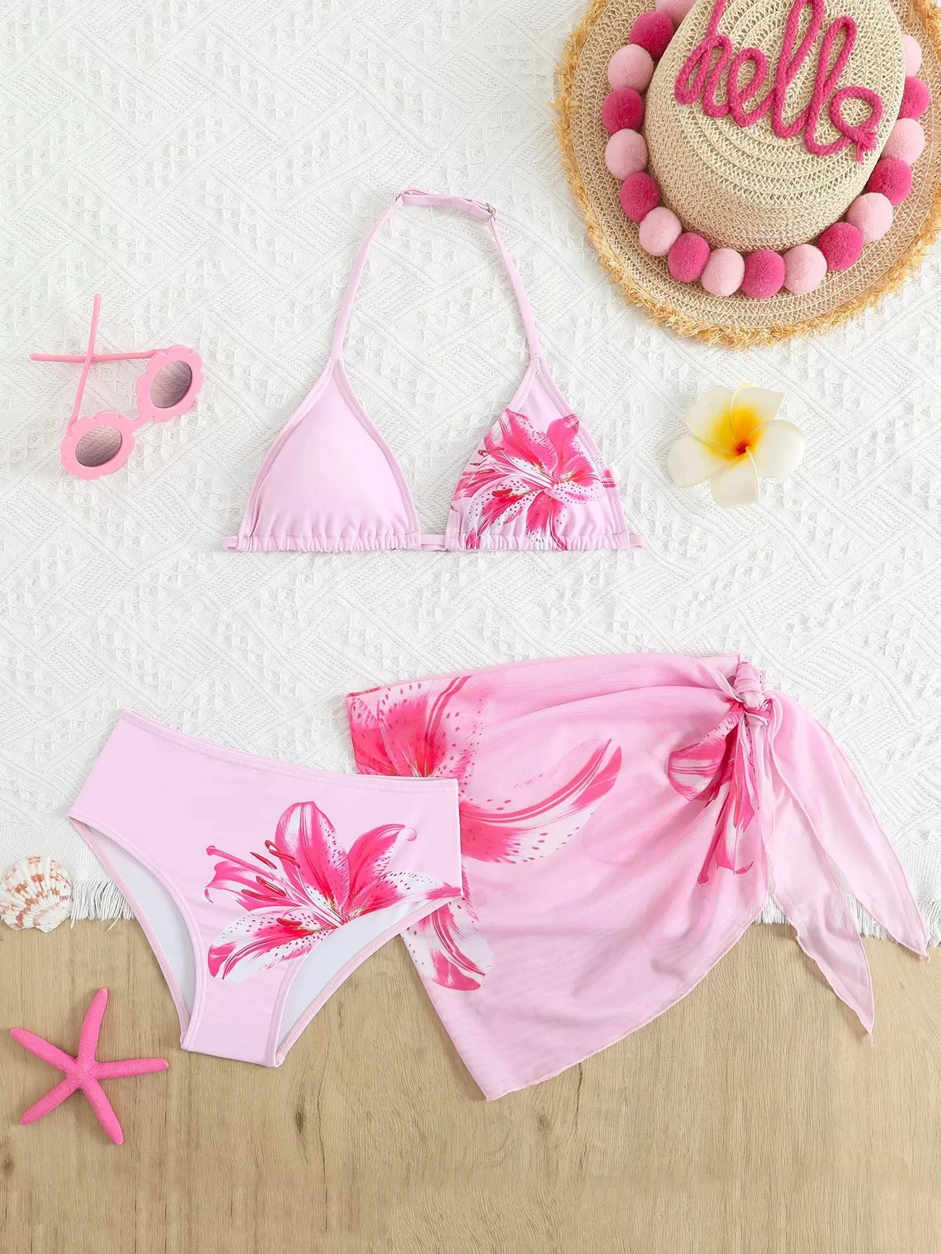 2026 New Trendy Girls' Swimwear Chindren Girls Bikini Swimsuit Set with Flower Print Three-Piece Outfit Bathing Suit 7 To 16Y
