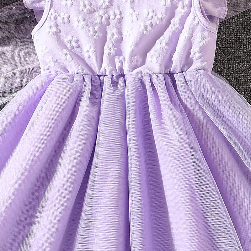 Kids Princess Dress For Girls O-Neck Wing-Sleeve Bowknot Floral Print Embroidery 4-7 Years Summer Sweet Birthday Party Clothing