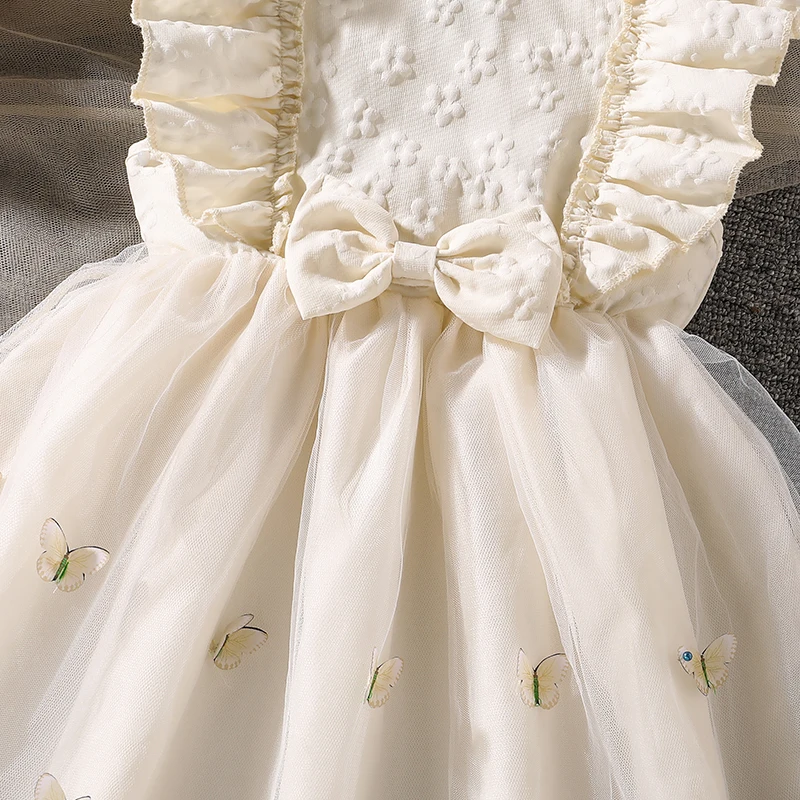 Kids Princess Dress For Girls O-Neck Wing-Sleeve Bowknot Floral Print Embroidery 4-7 Years Summer Sweet Birthday Party Clothing