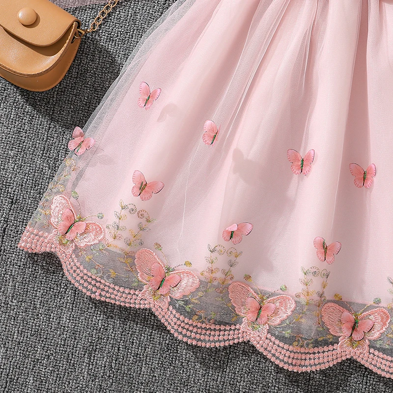 Kids Princess Dress For Girls O-Neck Wing-Sleeve Bowknot Floral Print Embroidery 4-7 Years Summer Sweet Birthday Party Clothing