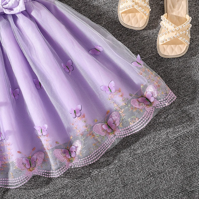 Kids Princess Dress For Girls O-Neck Wing-Sleeve Bowknot Floral Print Embroidery 4-7 Years Summer Sweet Birthday Party Clothing