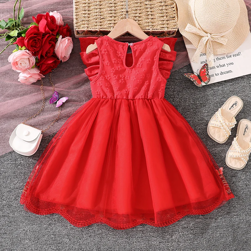 Kids Princess Dress For Girls O-Neck Wing-Sleeve Bowknot Floral Print Embroidery 4-7 Years Summer Sweet Birthday Party Clothing