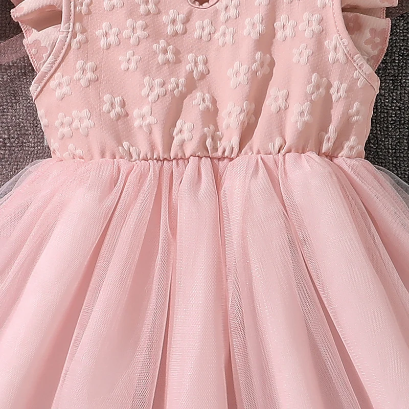 Kids Princess Dress For Girls O-Neck Wing-Sleeve Bowknot Floral Print Embroidery 4-7 Years Summer Sweet Birthday Party Clothing