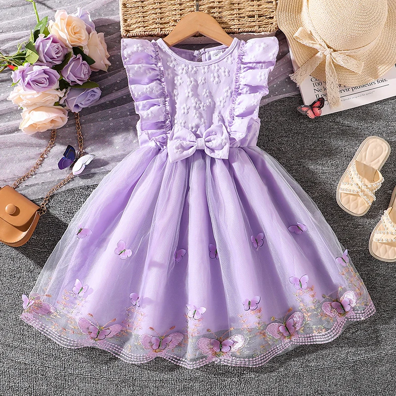 Kids Princess Dress For Girls O-Neck Wing-Sleeve Bowknot Floral Print Embroidery 4-7 Years Summer Sweet Birthday Party Clothing