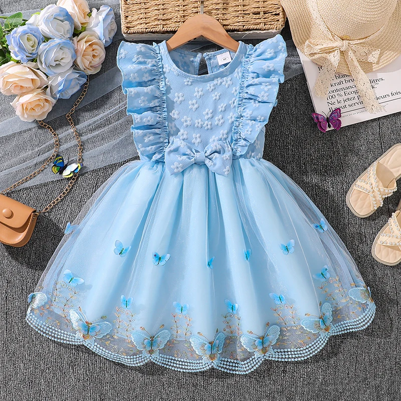 Kids Princess Dress For Girls O-Neck Wing-Sleeve Bowknot Floral Print Embroidery 4-7 Years Summer Sweet Birthday Party Clothing
