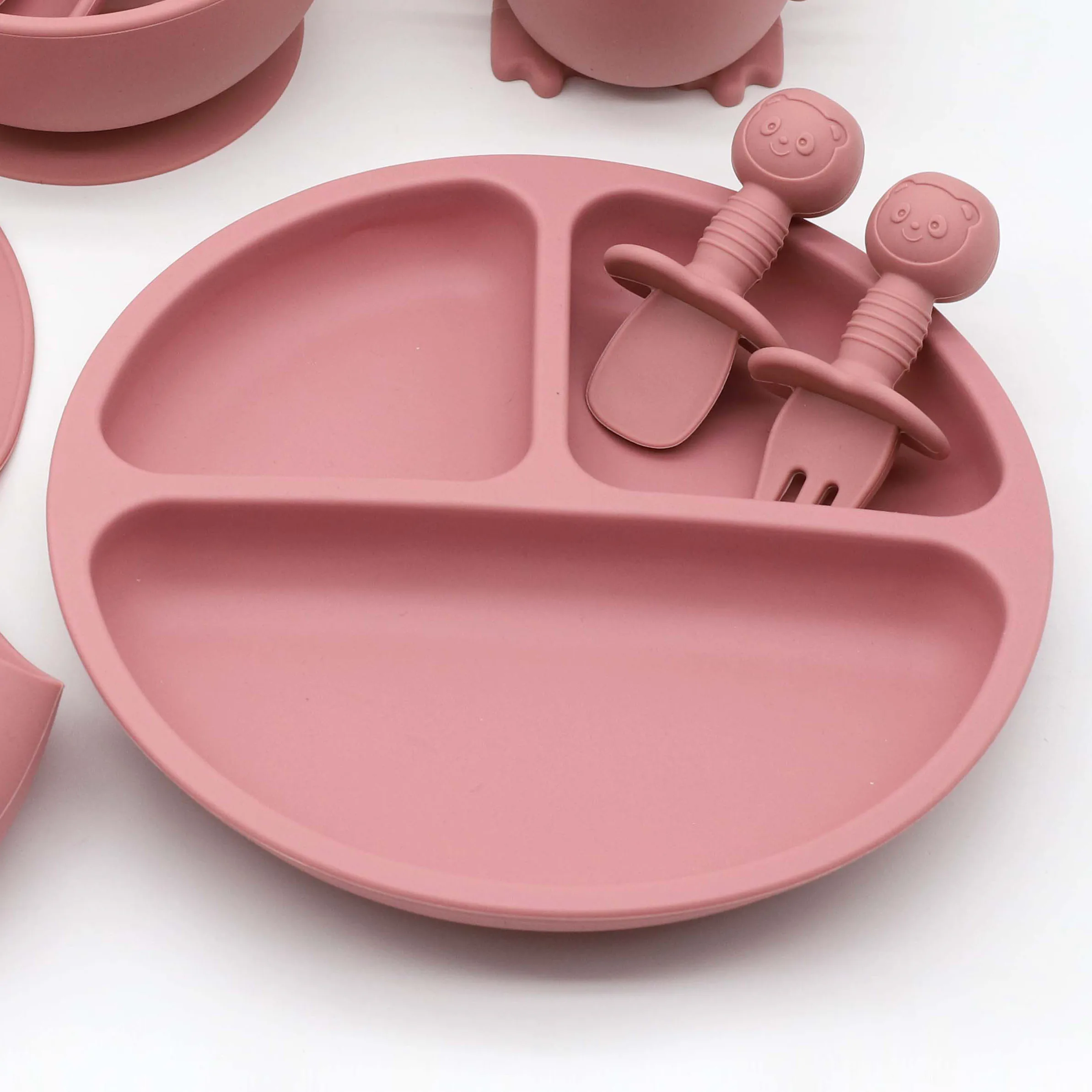 8 pcs Set Food Grade Silicone Tableware Set Bib Bowl Dining Plate Strong Suction Straw Cup Cartoon Short and Wooden Spoon Fork