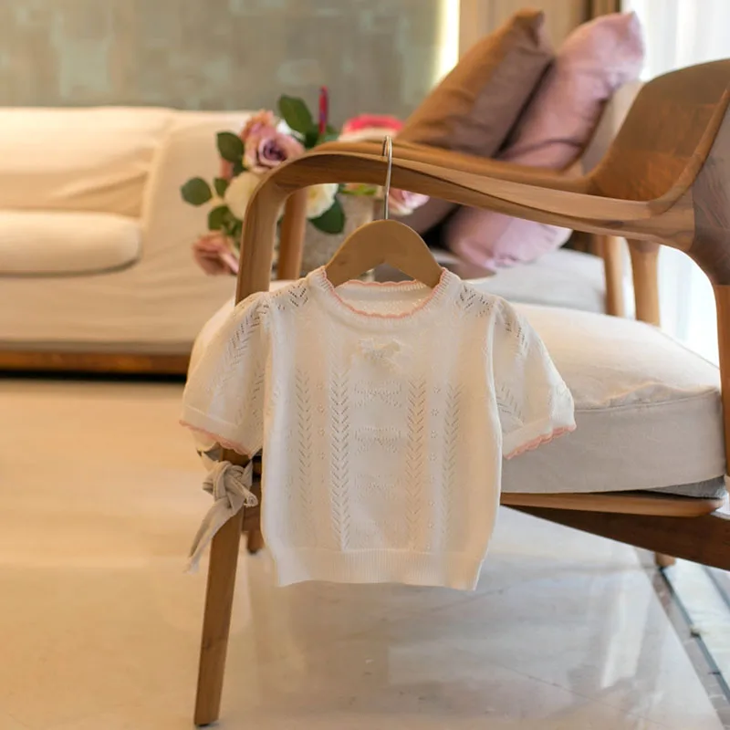 MILANCEL New Summer Kids Knitted Short Sleeves 1-5T Cute Color Blocking Bow Girls Hollow Out T-shirt Children Sweet Outwear Tops