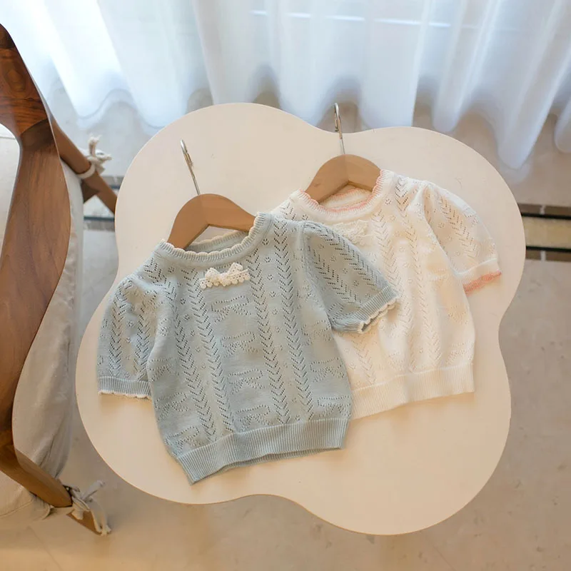 MILANCEL New Summer Kids Knitted Short Sleeves 1-5T Cute Color Blocking Bow Girls Hollow Out T-shirt Children Sweet Outwear Tops