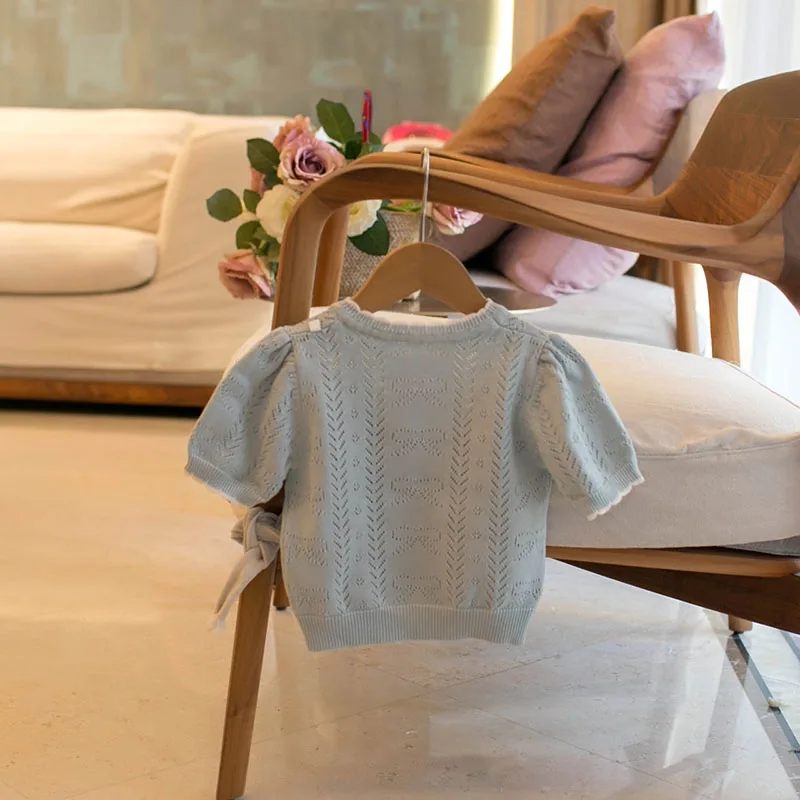 MILANCEL New Summer Kids Knitted Short Sleeves 1-5T Cute Color Blocking Bow Girls Hollow Out T-shirt Children Sweet Outwear Tops