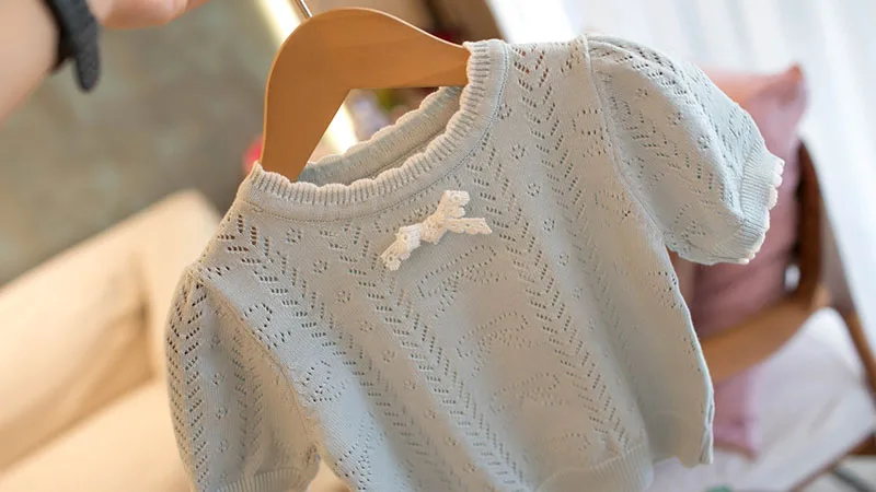 MILANCEL New Summer Kids Knitted Short Sleeves 1-5T Cute Color Blocking Bow Girls Hollow Out T-shirt Children Sweet Outwear Tops